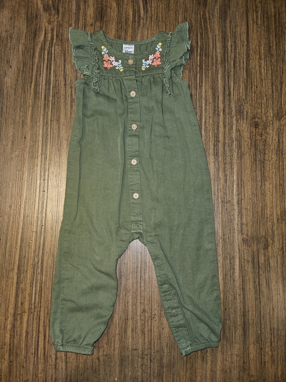 Carter's Olive Green Embroidered Floral Romper